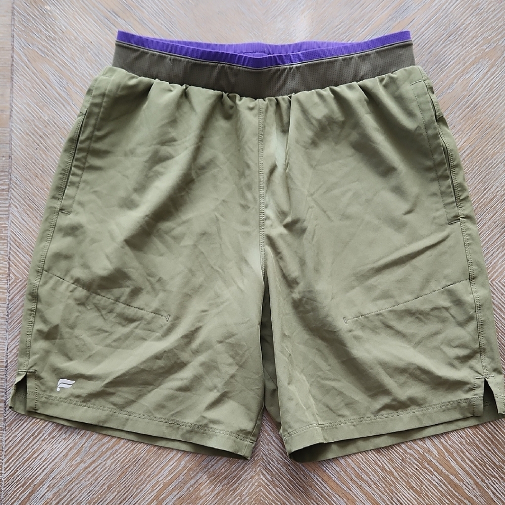 Fabletics Olive Green Athletic Shorts with Purple Waistband